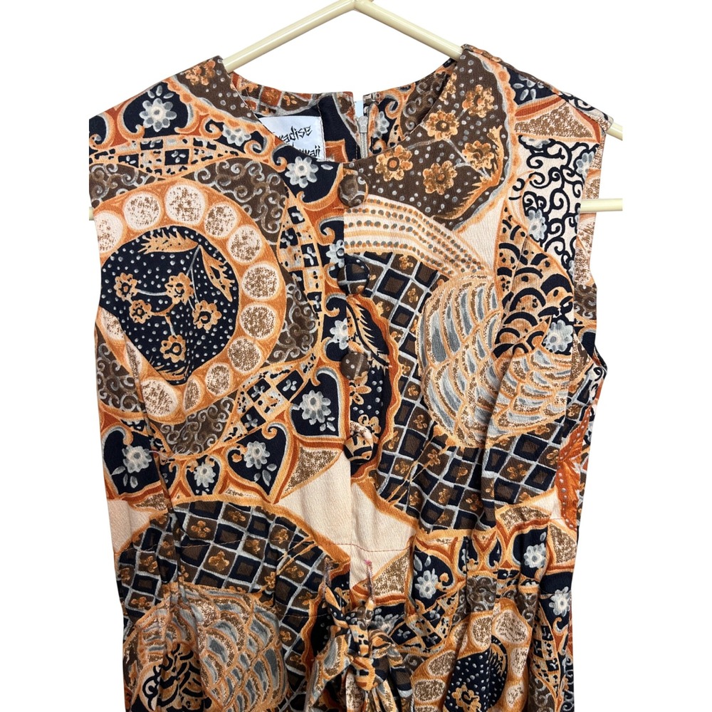 Paradise Hawaii Vintage Cotton Batik Maxi Dress Orange Brown Sleeveless Size 10 - Picture 3 of 8